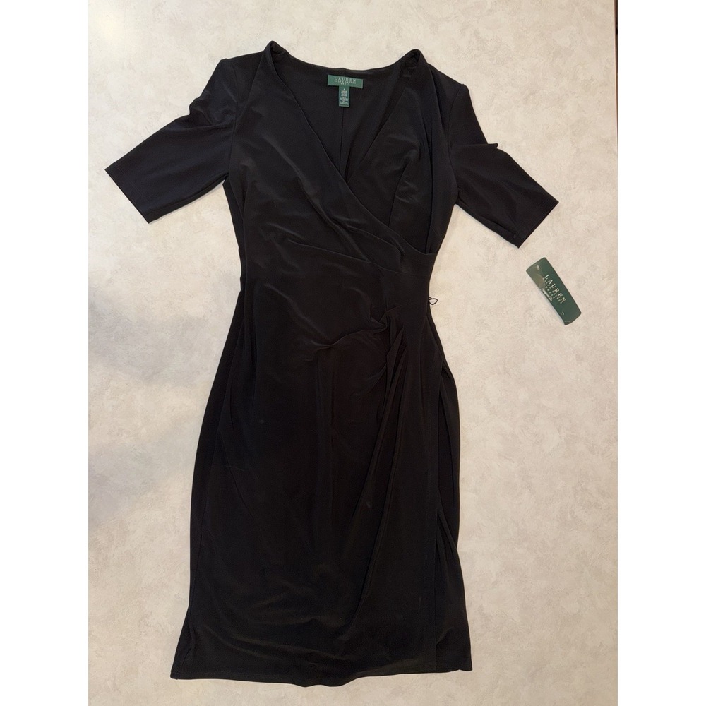 Lauren Ralph Lauren Green Tag Women 4 Black ¾ Sleeve Formal V-Neck Faux Wrap NWT